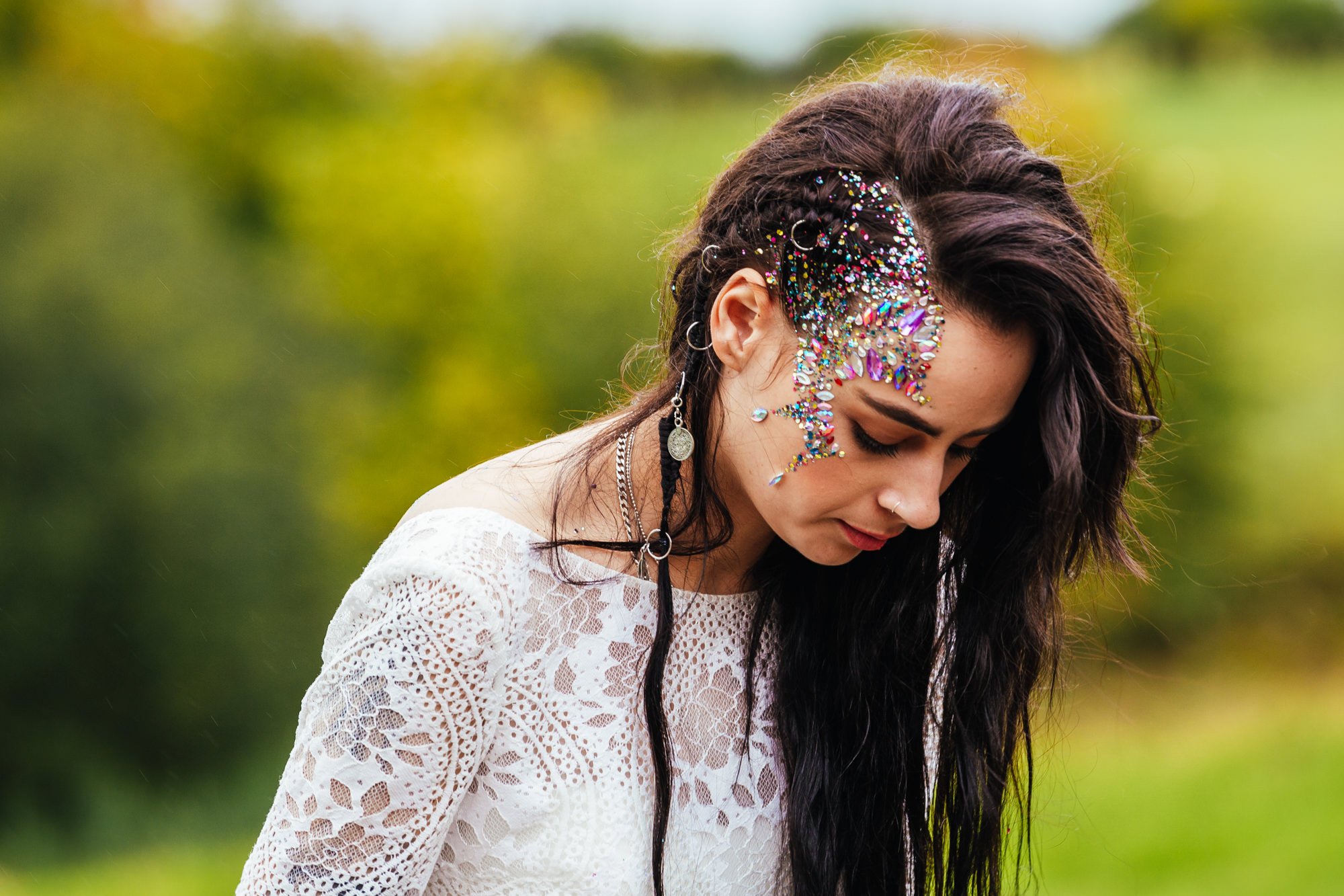 Being Yourself On Your Wedding Day3 Being yourself on your wedding day - Bride wearing boho dress and glitter on her face at her outdoor wedding