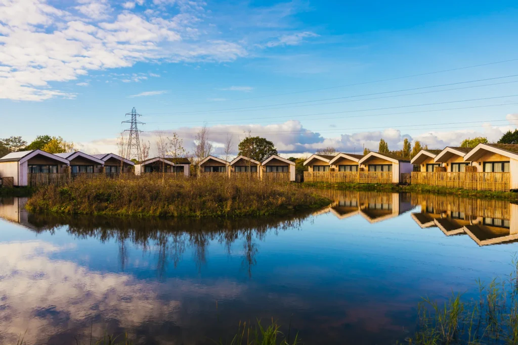 The outside of The Reserve at Chester Zoo. This picture shows the cabins you can stay in