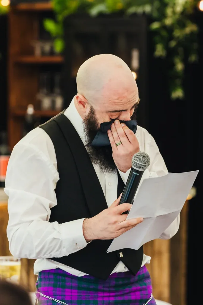 Groom tearing up during his speech at Pipperly Walled Garden